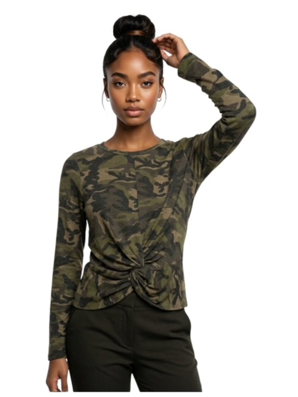 Drew Anthropologie Medium Front Knot Crewneck Camo Sweatshirt